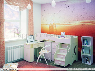 КРОВАТЬ-ЧЕРДАК BAMBINI 9 SUITE M (ЛЕСТНИЦА СПРАВА, КОРПУС ФРАНЦУЗСКИЙ ОРЕХ/ФАСАД ОРАНЖЕВЫЙ)