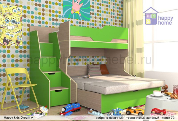 Двухъярусная кровать-чердак с диваном Happy kids Dream A