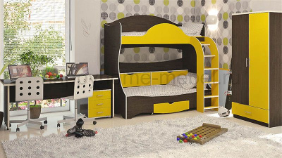 ДВУХЪЯРУСНАЯ КРОВАТЬ BAMBINI 5 + СТОЛ BSP + ТУМБА BT + ШКАФ BS2