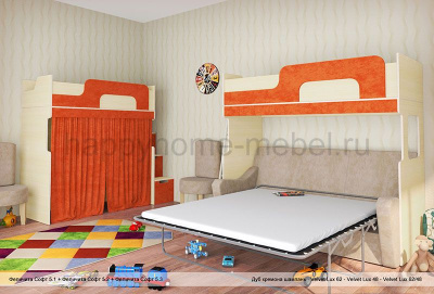 КОМПЛЕКС ИЗ ЧЕРДАКОВ С ДИВАНОМ И РАБОЧИМ МЕСТОМ ВНИЗУ FELICITA SOFT 5 MDF СО СТУЛЬЯМИ И ТЕКСТИЛЕМ