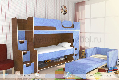 ДВУХЪЯРУСНАЯ КРОВАТЬ-СТОЛ (ТРАНСФОРМЕР) FELICITA SOFT 1 TEXTILE С ДИВАНОМ И СТУЛОМ