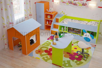 КРОВАТЬ-ЧЕРДАК BAMBINI 17 + ЛЕСТНИЦА 13.1 + СТОЛ 17.1 + СТЕЛЛАЖ 17.3 + ШКАФ 17.4 + ДОМИК 17.5