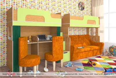 КОМПЛЕКС ИЗ ЧЕРДАКОВ С ДИВАНОМ И РАБОЧИМ МЕСТОМ ВНИЗУ FELICITA SOFT 5 MDF СО СТУЛЬЯМИ И ТЕКСТИЛЕМ